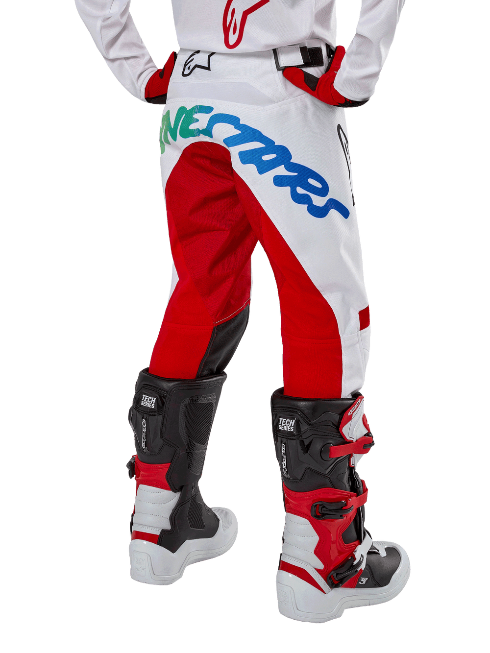 Alpinestars Youth 2024 Racer Hana Pants, White and Red Motocross pants with multicolor logo and ergonomic rear stretch panel.