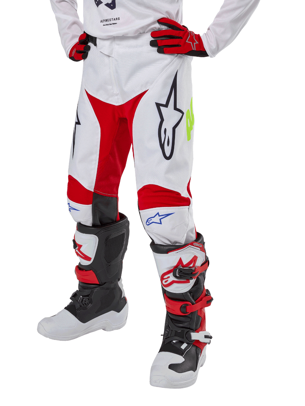 Alpinestars Youth 2024 Racer Hana Pants, White and Red Motocross Pants, pre-curved ergonomic design for off-road racing performance.